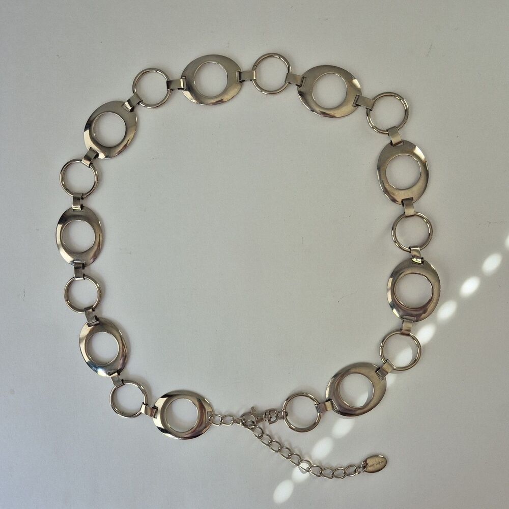 VTG Y2K Nine West Silver Tone Circle Geometric Adjustable Chain Belt 49 IN Long